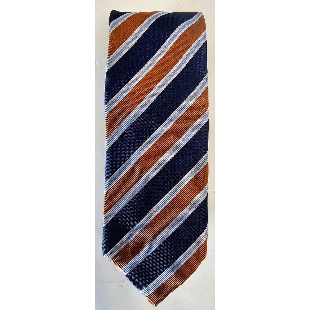 Tattersall London Striped Silk Necktie - Navy Blue, Brown, Light Blue